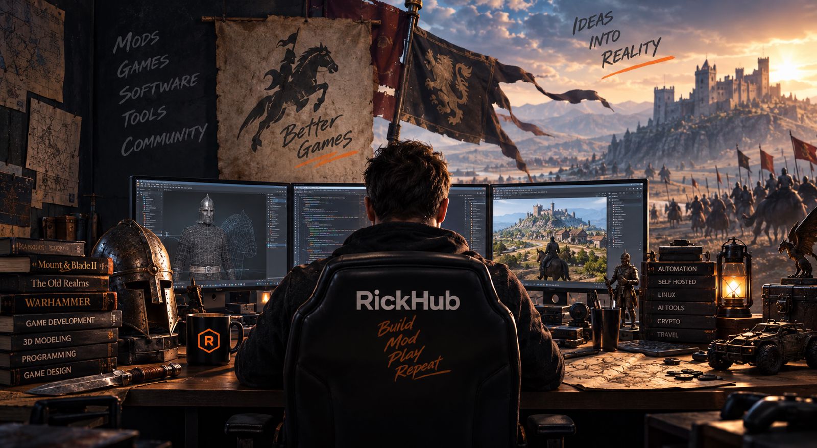 CodeRick's desk: monitors with code and a knight model, banners, books and a Calradian castle beyond